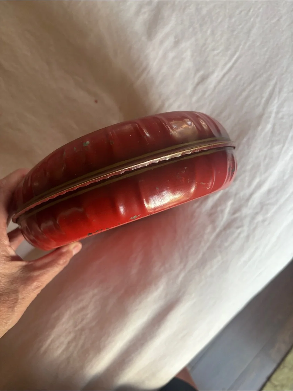 Vintage Tin red orange 1950’s 3 piece wood knob thread round metal Sewing box